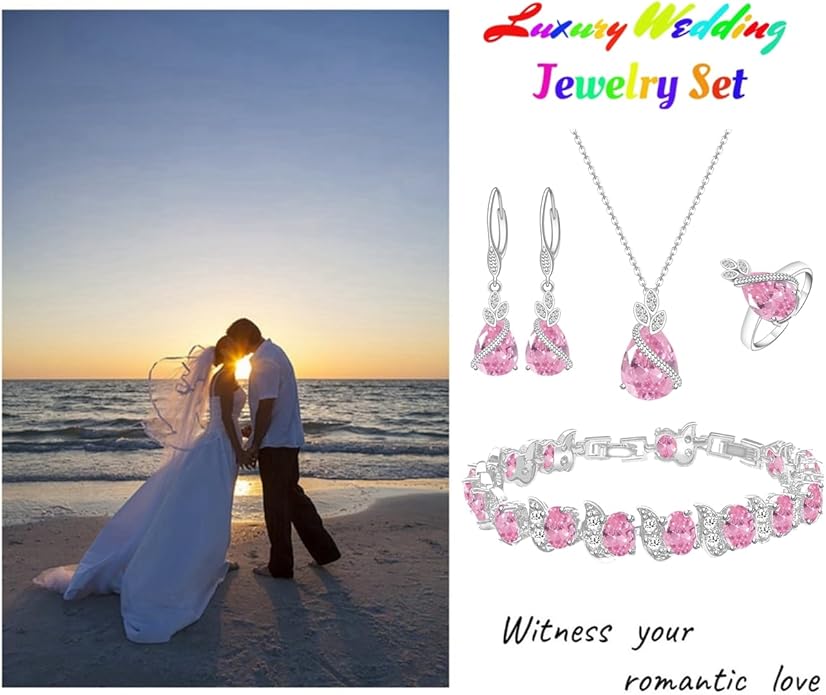 LMXXVJ Jewelry Set for Women,Teardrop Cubic Zirconia Necklace Earrings Adjustable Ring Bracelet Jewelry Set Formal Jewelry Gift