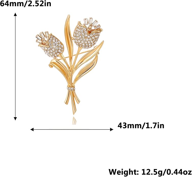 Crystal Brooch Vintage Floral Gold Pin Micro Pave Daisy/Tulip Rhinestone Embellishment for Women Holiday styles.