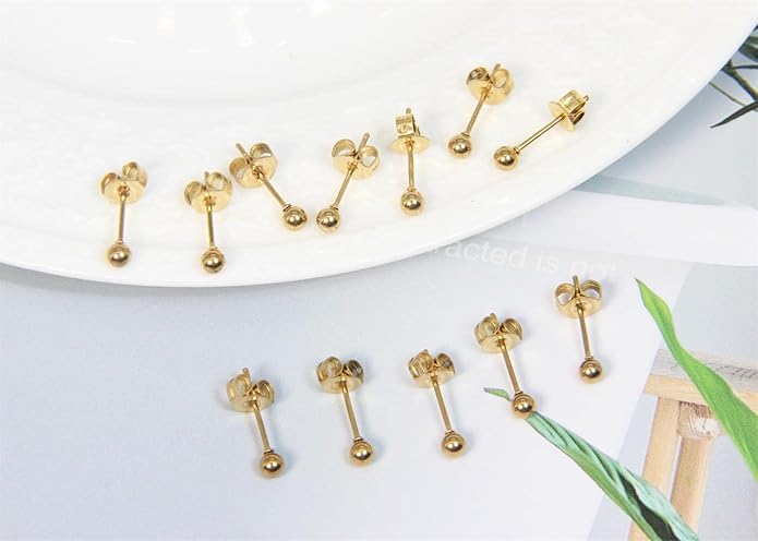 14K Gold Filled Polished Small CZ Pearl Ball Stud Earrings Set for Women Men 20G Surgical Steel Hypoallergenic Piercing Studs for Sensitive Ear, Pack of 6 Pairs