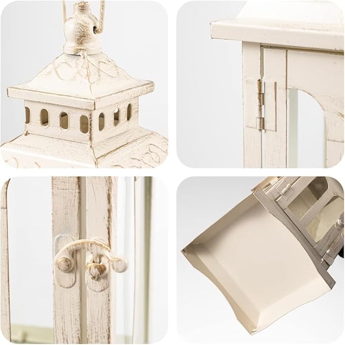 DECORKEY Lanterns Decorative Indoor & Outdoor, Medium Hanging Home Decor, Vintage Metal Decorative Candle Lanterns for Outdoor Patio Wedding Party Beige with Copper Brush