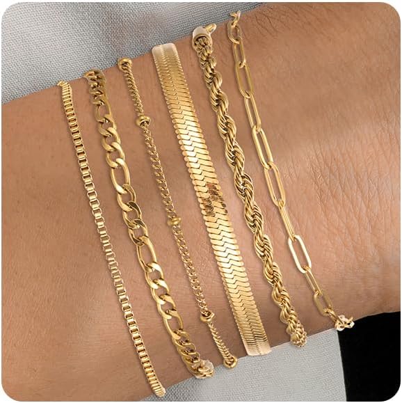Silver and Gold Bracelets for Women Non Tarnish Waterproof Gold bracelet stack set, Adjustable 6.5"+2" Extender, Layered Bracelets for Women，Exquisite Jewelry Gift