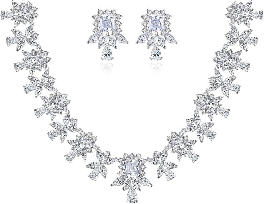 14K Gold Women's Jewelry Set, Natural Crystal Necklace & Moissanite Earrings, Luxurious Bridal/Wedding Fashion Accessory