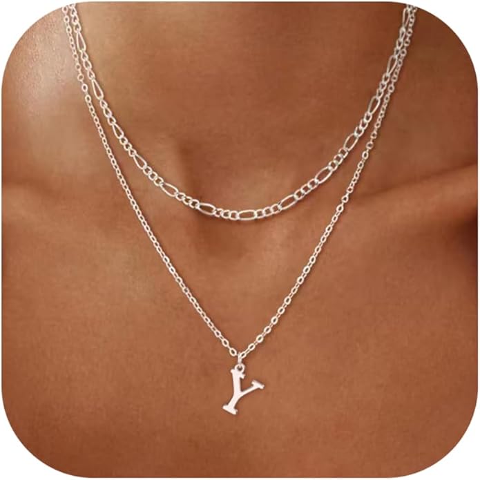 Initial Necklaces for Women Dainty Gold Silver Layered Letter Pendant Necklace Cute Figaro Chain Choker Necklace Personalized Trendy Stuff Jewelry Stack Gift for Women Her