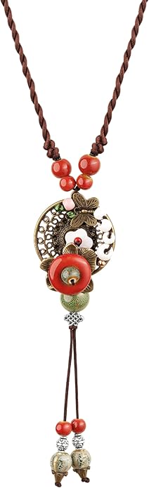 MINACHI Vintage Bohemian Colorful Ceramic Bead Antique Flower Y Necklace, Vintage Boho Hippie Statement Jewelry Gift for Women