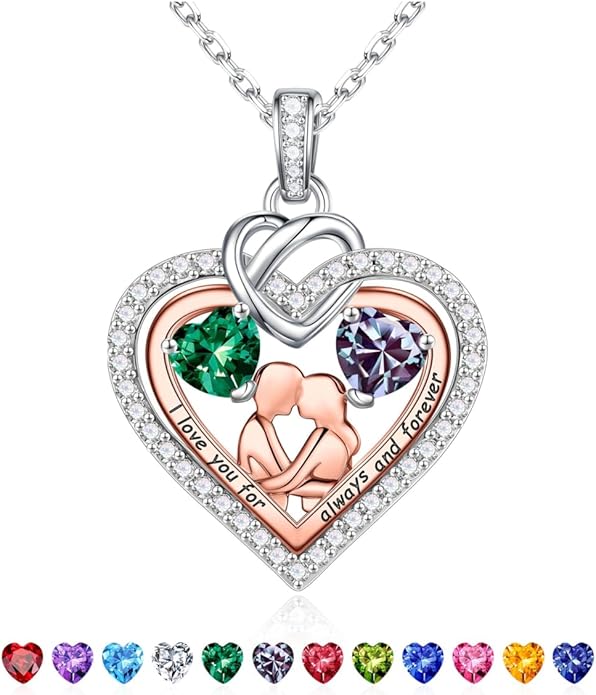 Iefil Valentines Day Gifts for Her - 925 Sterling Silver Double Heart Birthstone Necklace for Women, Anniversary Birthday Gifts for Wife I Love You Gift Couple Sitting Hugging Each Other Jewelry Gift
