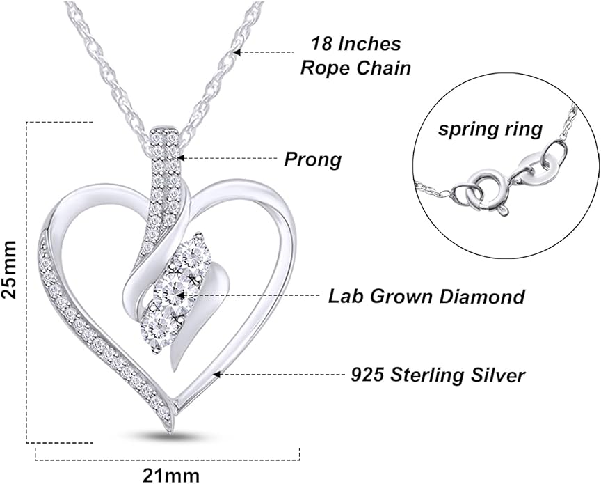 3 Stone Heart Pendant Necklace for Women in 14K Gold Over 925 Sterling Silver, Natural Diamond, Moissanite or Lab-Grown Diamond (0.25 Ct), Dainty Jewelry Gift with 18" Chain for Her Valentine’s Day