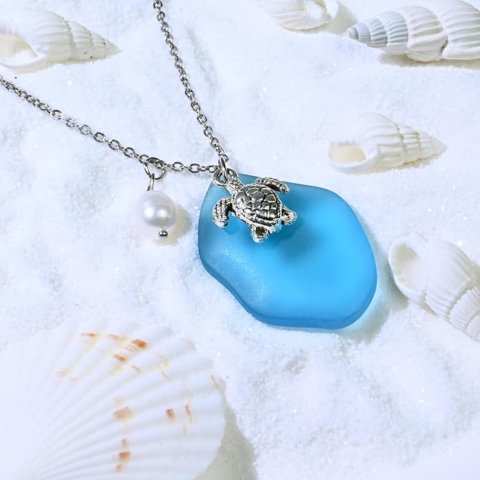 Sea Glass Necklace, Wire Wrapped Beach Necklaces, Sea Glass Jewelry, Handmade Blue Beach Jewelry for Women Trendy