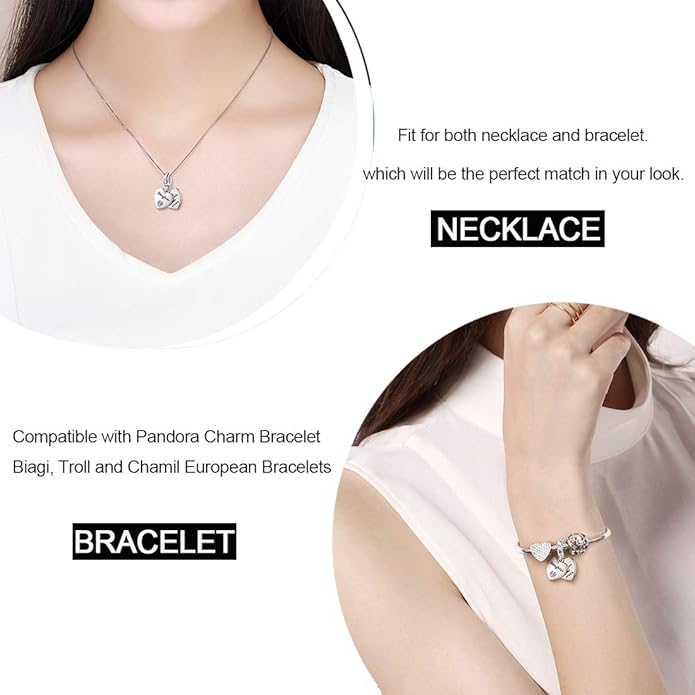 JIAYIQI Mother Sister Daughter Wife Charms Fit Charms Bracelet Necklace with Double Heart Love Charms 925 Sterling Silver Beads for Women Jewelry