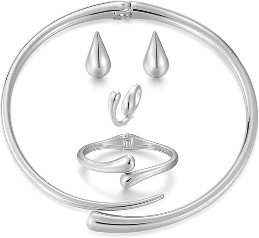 4 Pcs Statement Jewelry Set for Women – 18K Gold Plated Teardrop Necklace, Gold Drop Earrings, Bold Rings & Cuff Bracelets, Elegant Jewelry Gifts for Women