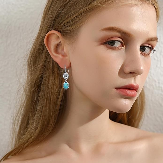 Natural Turquoise Sunflower Earrings 925 Sterling Silver Hook Western Earrings for Women You are my Sunshine Vintage Boho Jewelry Gifts for Her