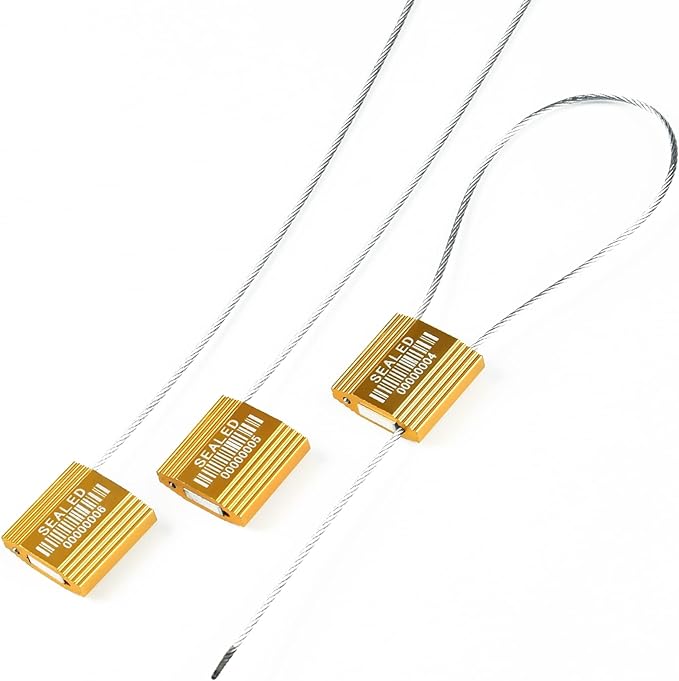 50 Yellow High Security Cable Seals with Barcode Pull Tight Numbered Steel Security Seals Metal Container Seals Anti-Tamper Shipping Self-Locking Tags for Logisitics ISO 17712 Certificated