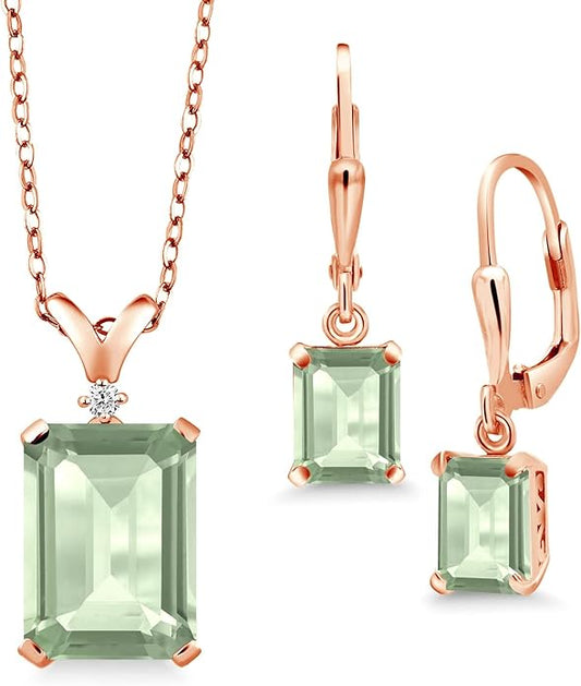 Gem Stone King 9-13 Cttw Pendant and Earrings Jewelry Set For Women | Emerald Cut 14X10MM and 8X6MM | Round 1.5MM | Gemstone Birthstone and Diamond | 925 Sterling Silver | 18 Inch Silver Chain