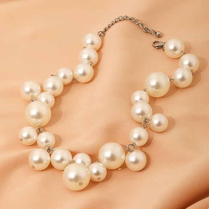 Chunky Pearls Statement Choker Necklace for Women,14K Gold Large Beaded Punk Ball Cluster Collar Necklace Party Dainty Jewelry Gift