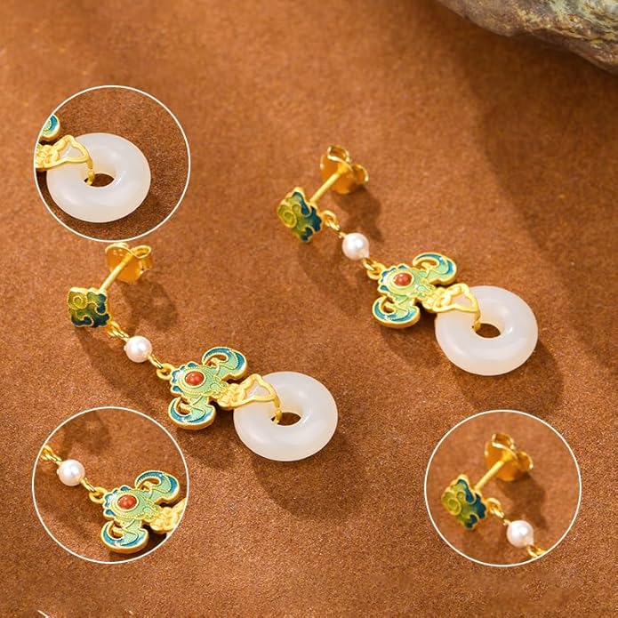14K Gold over 925 Sliver Natural Jade Enamel Gradient Earrings, Round Lotus Design Drop Earrings, Elegant Jade Jewelry Gift for Mother's Serenity
