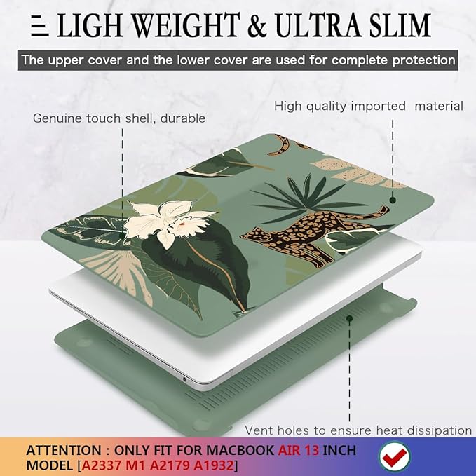 CISSOOK Compatible with MacBook Air 13 inch Case 2021 2020 2019 2018 Release Model M1 A2337 A2179 A1932, Midnight Green Hard Case Leopard Cover for MacBook Air 13 inch with Touch ID - Panther Leopard