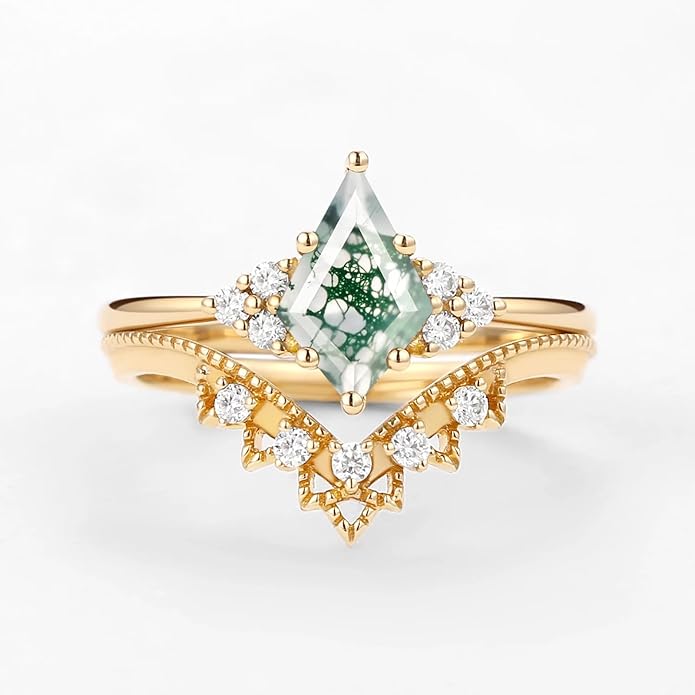 Natural Moss Agate Bridal Ring Set for Women 1CT Kite-cut Moss Agate Engagement Ring Set 925 Sterling Silver 10K 14K 18K Gold Classic Wedding Ring Set