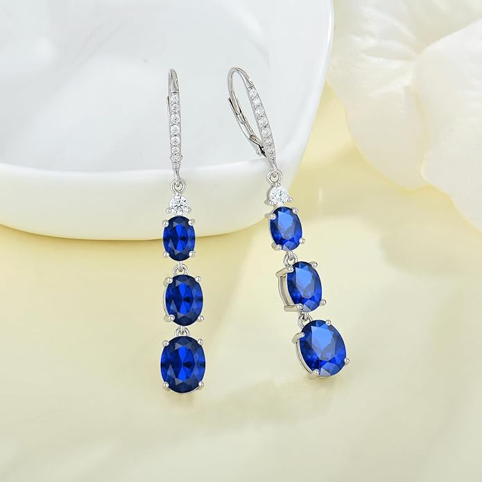 Women 925 Sterling Silver Birthstone 3-stone Leverback Drop Dangle Earrings 5A Cubic Zirconia Jewelry for Her