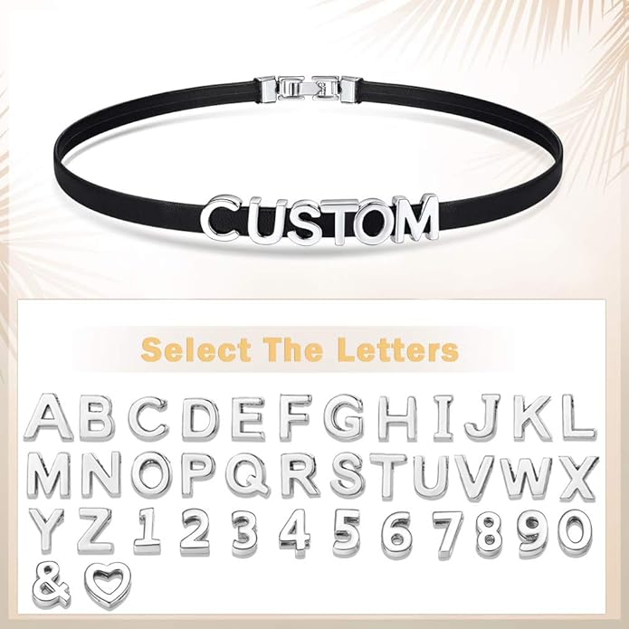 Custom4U Personalized Black Leather Choker Necklace with Picture/Name/Initials/Letters Charm,Custom Made Adjustable Choker Collar Gothic Punk Necklaces Jewelry Gifts for Women
