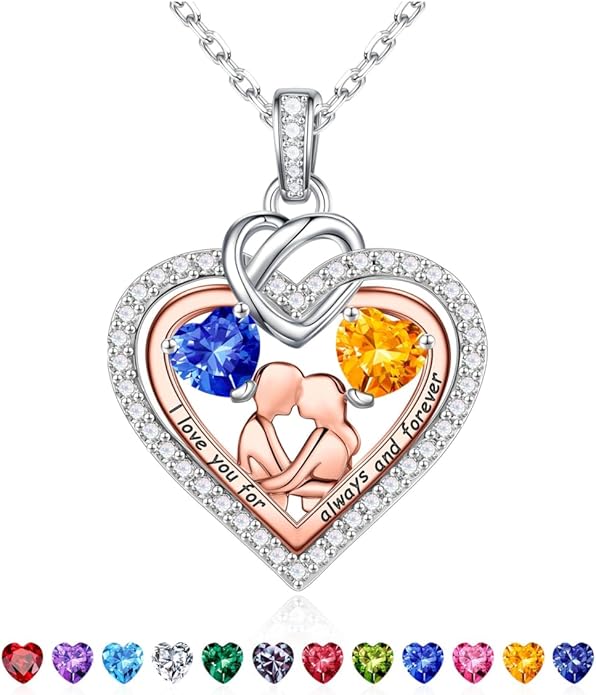 Iefil Valentines Day Gifts for Her - 925 Sterling Silver Double Heart Birthstone Necklace for Women, Anniversary Birthday Gifts for Wife I Love You Gift Couple Sitting Hugging Each Other Jewelry Gift