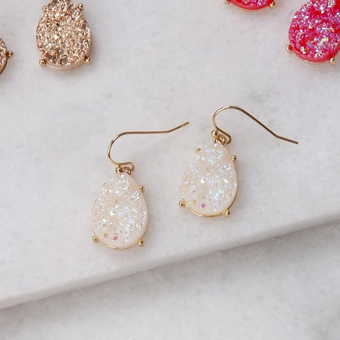 Teardrop Dangle Earrings for Women with Simulated Druzy Stones in Gold or Silver Tone