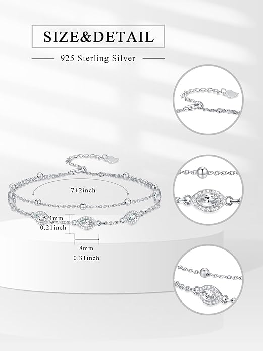 Evil Eye Birthstone Charm Link Bracelet 925 Sterling Silver Evil Eye Bracelet with 12 Months Birthstone Birthday Jewelry Gifts for Women Mom Her,Chain Length 7"+2" Extend