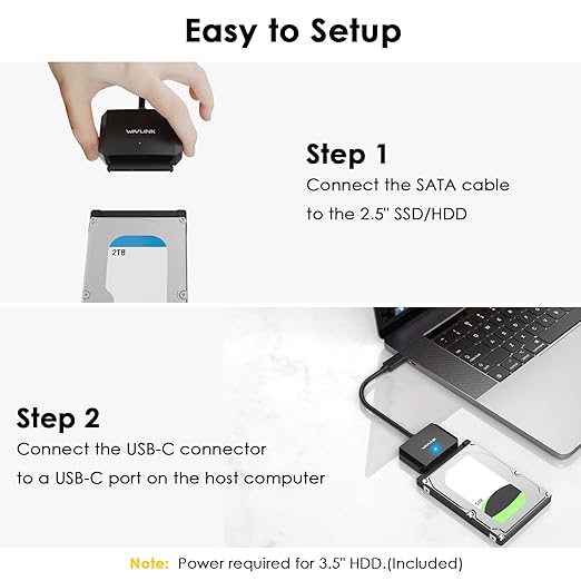 WAVLINK SATA to USB Type-C Hard Drive Cable, 5Gbps USB C to Sata Cable Support UASP, External Hard Drive SATA I/II/III Connector 2.5" SSD/HDD and 3.5" HDD up to 20TB, Power Adapter Included