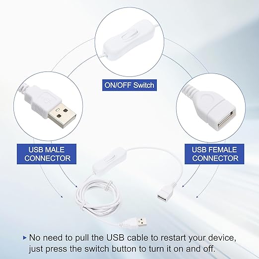 MECCANIXITY USB Cable with ON/Off Toggle Switch, USB Male to Female Extension Cord Inline Switch 2.0m White, for LED Desk Lamp LED Strip
