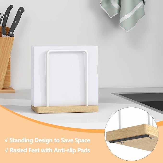 Napkin Holder for Table, Wood Metal Napkin Holder for Kitchen Dining, Standing Paper Napkin Storage for Table Countertop, White