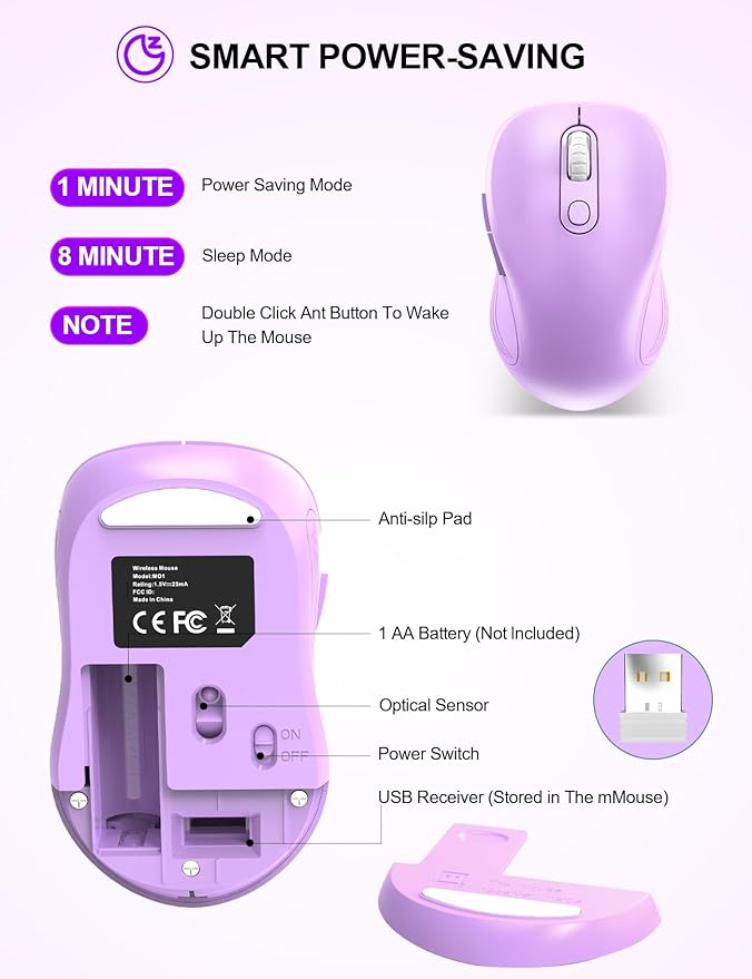Trueque Wireless Mouse for Laptop, 2.4GHz Ergonomic Computer Mouse with Back & Forward Buttons, 3-Level DPI, 6 Buttons, Optical USB Cordless Mice for Windows Chromebook MacBook PC (Lavender)