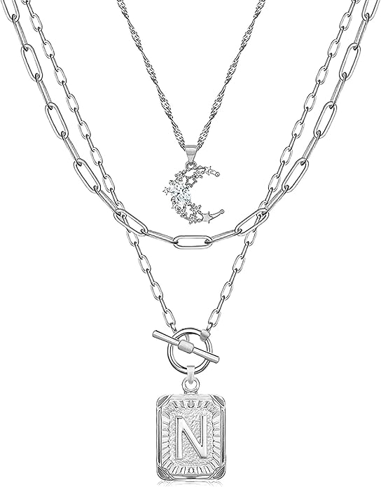 MJartoria Layered Initial Necklaces for Women Trendy, 14K Gold Plated Brass Simple Moon Choker Square Letter Pendant Necklace, Paperclip Chain Necklaces Jewelry Gifts