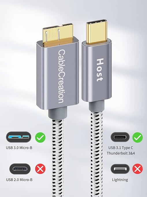 CableCreation 1FT USB C to Micro B Cable,10Gbps Speed External Hard Drive Braided,USB 3.1 Type C to Micro B Work for iPhone 15 Series,Seagate WD Westgate My Passport,MacBook Pro/Air, iPad/Tablet,Grey