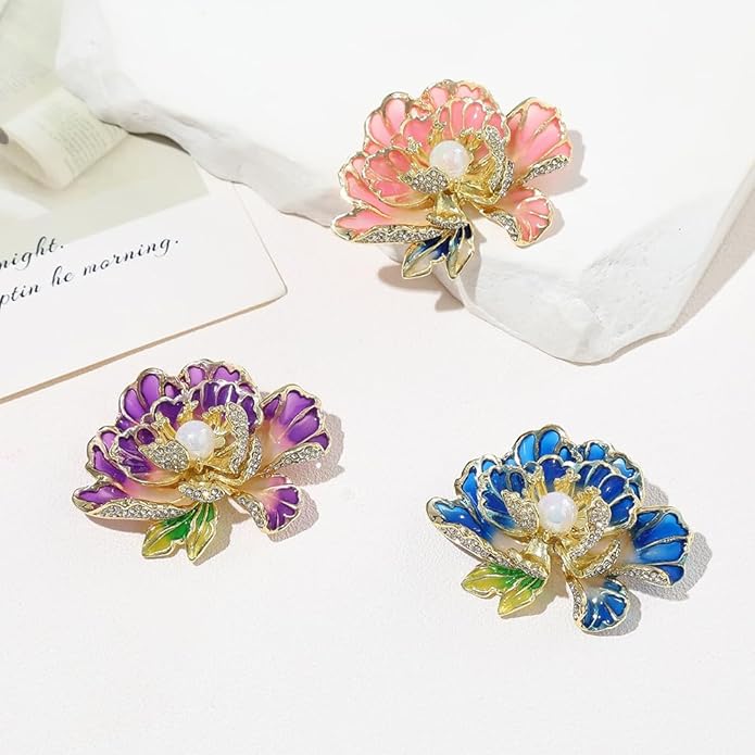 3Pcs Peony Flower Brooch Pin for Women Elegant Enamel Floral Brooch Set Dainty Cubic Zircon Pearl Lapel Pins Flower Pins for Clothes Hat Dress Accessories Prom Jewelry