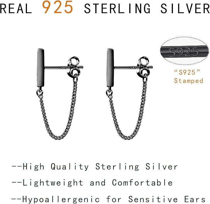 Reffeer Solid 925 Sterling Silver Stud Earrings Minimalist Bar Earrings with Chain Dangle Earrings For Women