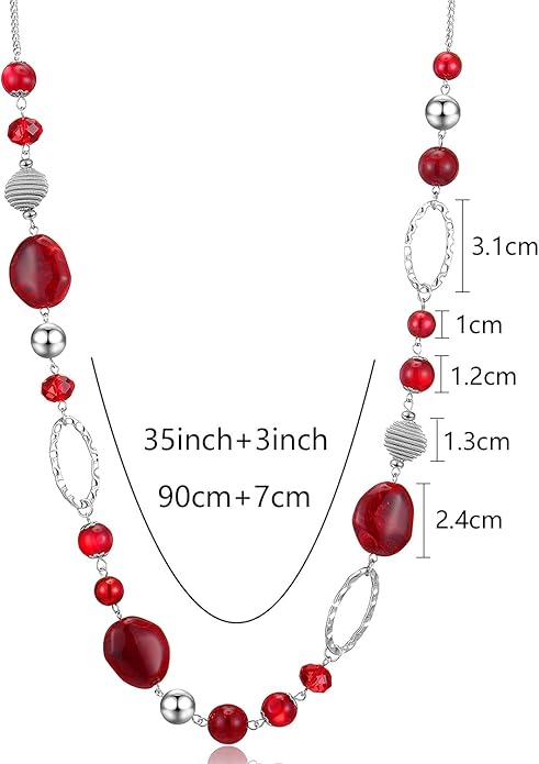 BULINLIN Beaded Long Necklace for Women Silver Sweater Chain Necklace with Crystal Resin Beads, Fashion Jewelry Necklace
