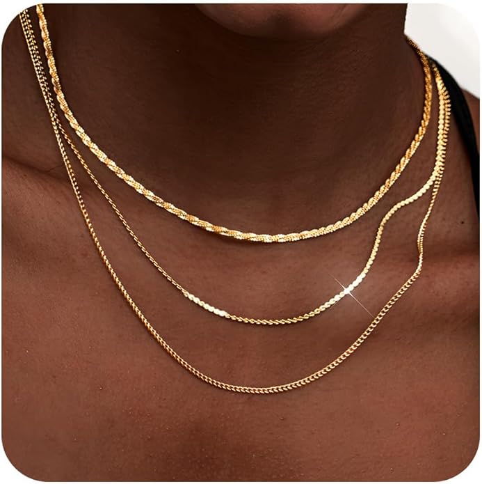 3PCS Gold Necklaces for Women,Chunky Statement Gold Plated Necklace Stack Layered Sterling Silver Herringbone Chains for Women Dainty Trendy Silver Chains Stacked Jewelry Gifts