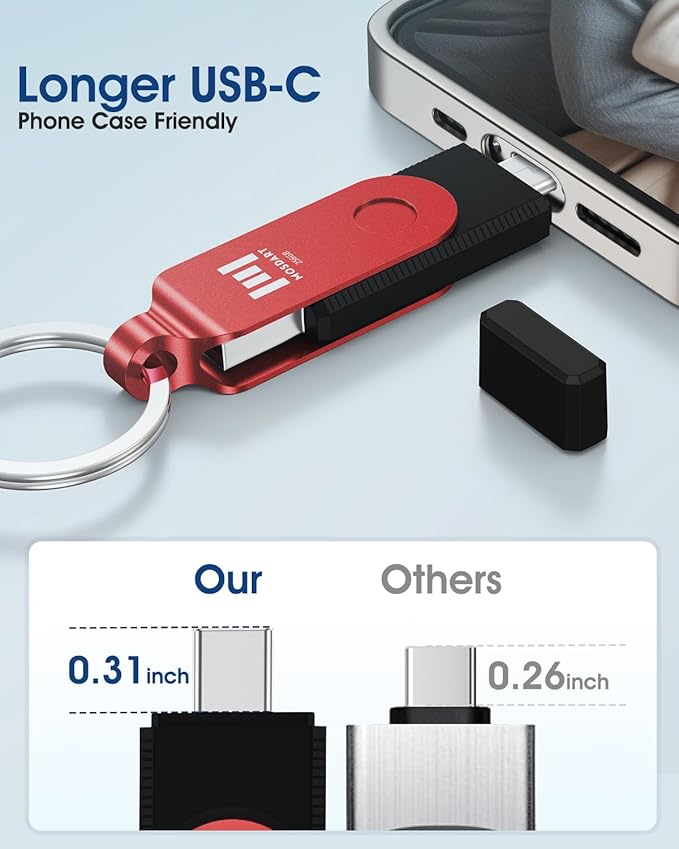 MOSDART 256GB USB3.1 Fast Speed C and A Dual Flash Drive, exFAT Memory Stick with Keychain and LED Indicator, for iPhone 15 and 16, Android Phone, iPad, MacBook, and Other Laptops, Red