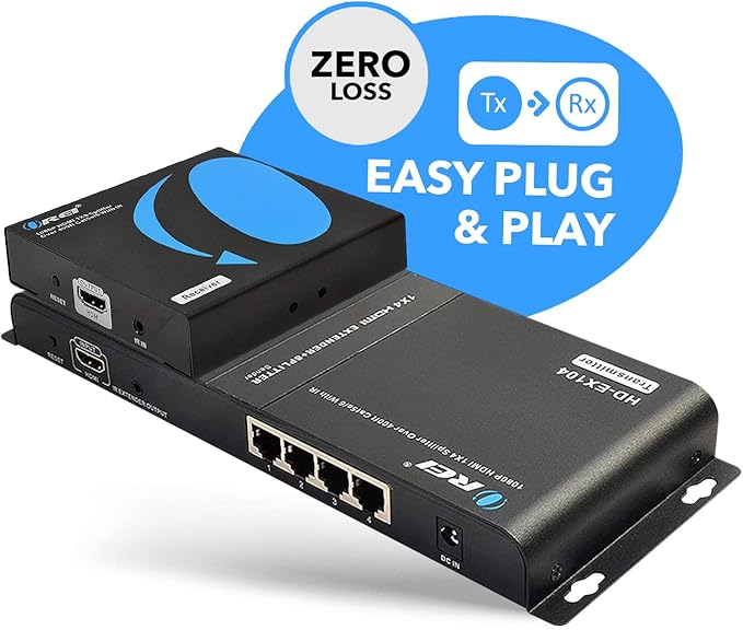 OREI 1x4 HDMI Extender Splitter Over Single Cable CAT6/7 1080P With IR Remote EDID Management - Up to 400 Ft - Loop Out - Low Latency Black