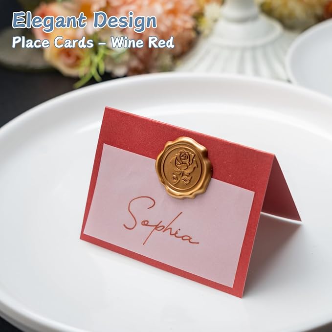 25 Pack Name Cards for Table Setting, Place Cards with Antique Gold Rose Wax Seal Sticker for Wedding, Table Tent Card Stock Handmade Decor for Party, Dinner, Home (Pearlized Wine Red)
