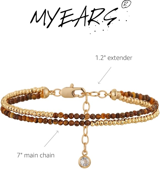 MYEARS Women Beaded Bracelet Gold Double Layer Gemstone 14K Simple Dainty Handmade Chain Everyday Boho Beach Jewelry