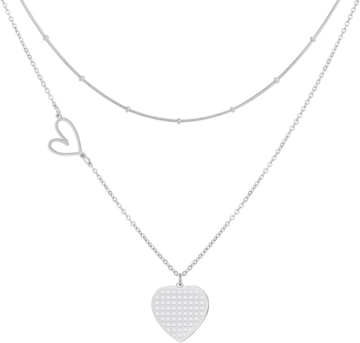 Linawe Layered Choker Heart Pendant Necklace for Women Trendy, Gold/Silver/Rose Gold Chain Stainless Steel Stacked Necklaces, Double Heart Necklace Y2K Preppy Jewelry
