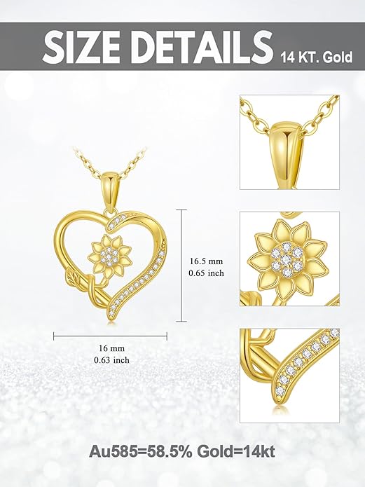 14K Solid Gold Rose Flower/Sunflower Necklaces for Women Flower Heart Pendant Necklace Love Sunshine Jewelry Anniversary Valentine's Day Birthday GiftS for Women Wife Girlfriend Her Mom