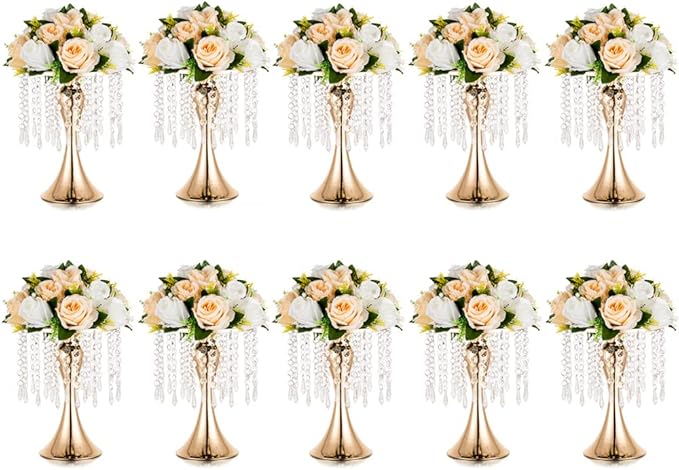 Gold Vases for Centerpieces, 10.2in Crystal Flower Arrangement Stand, Wedding Centerpieces for Tables, Tall Metal Flower Vase Holders for Wedding, Event, Reception, Birthday, Home Decor, 10 Pcs