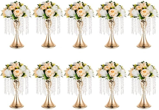 Gold Vases for Centerpieces, 10.2in Crystal Flower Arrangement Stand, Wedding Centerpieces for Tables, Tall Metal Flower Vase Holders for Wedding, Event, Reception, Birthday, Home Decor, 10 Pcs