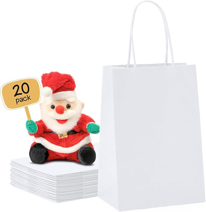 METRONIC 20Pcs 5.25x3.75x8 Inch White Paper Gift Bags, Gift Wrap Bags with Handles, Kraft Paper Bag for Small Business, Heavy Duty Bulk Bag for Birthday Party Favors, Shopping, Retail