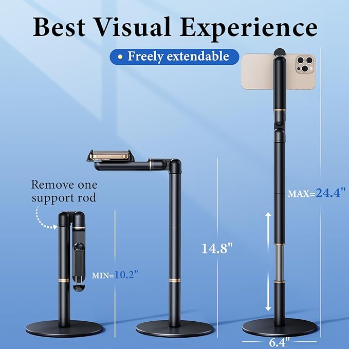 Angle Height Adjustable Phone Holder for Desk [10"-25"] - Retractable Cell Phone Holder for Video Recording Cooking Excising Working Reading -Aluminum Universal iPhone 16 15 14 13 Stand