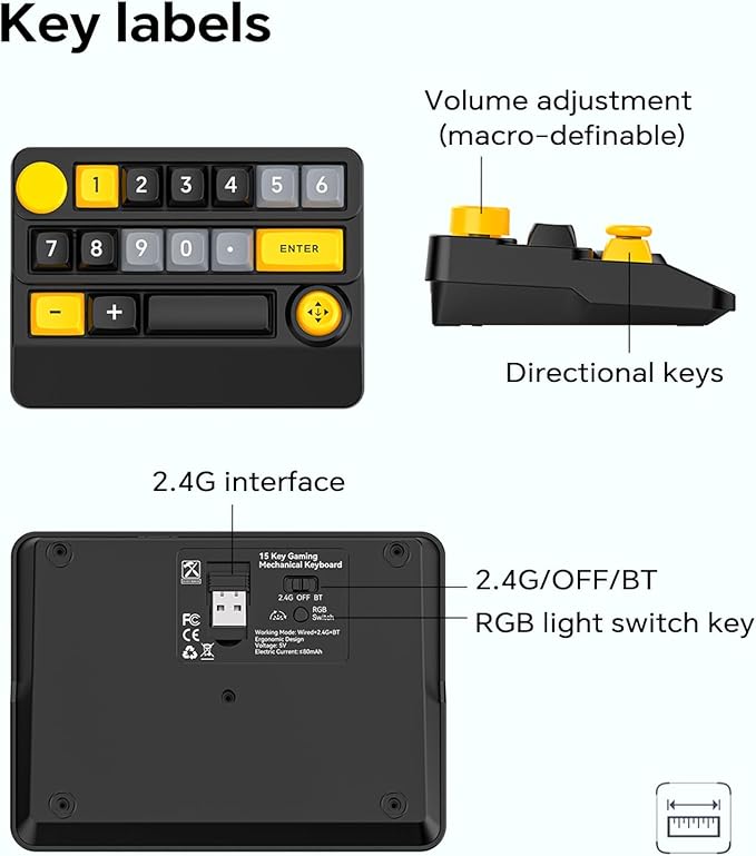 Adventurers W909 Wireless RGB Mechanical Numeric Keypad, Hot-Swappable, Macro-Programmable Numpad, Joystick & Knob Control for PC/Tablet/Laptop/Phone, Tri-Mode Connectivity (Yellow on Black)