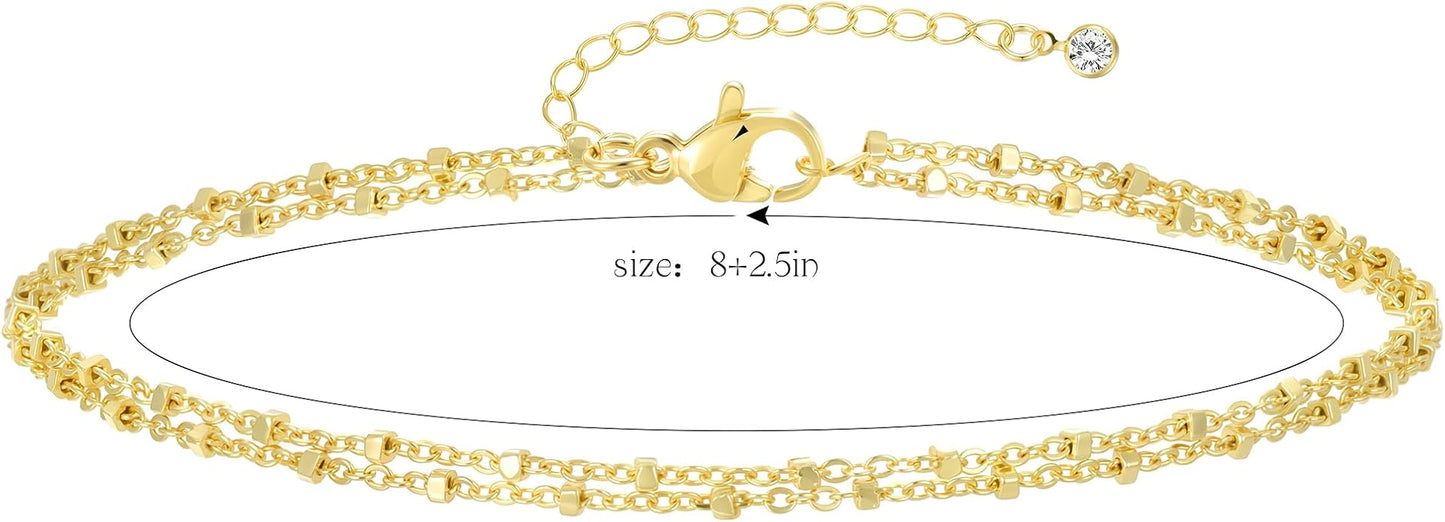 iF YOU Gold Ankle Bracelets for Women, 14k Gold Plated Waterproof Cuban Link Chain Anklets Set, Layered Anklet Bracelets for Women Beach Gift Adjustable Size 5pc