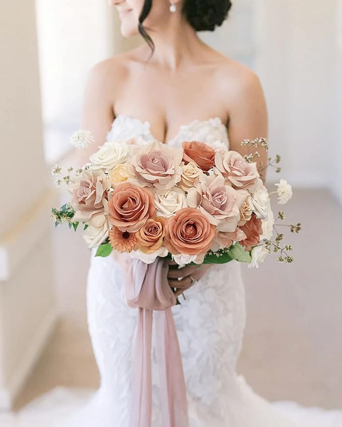 Roses Artificial Flowers Bouquet Combo Box Set for DIY Wedding Centerpieces for Table Bridal Baby Shower Party Decorations Fake Silk Floral Arrangements for Home Decor Indoor Peach Pink