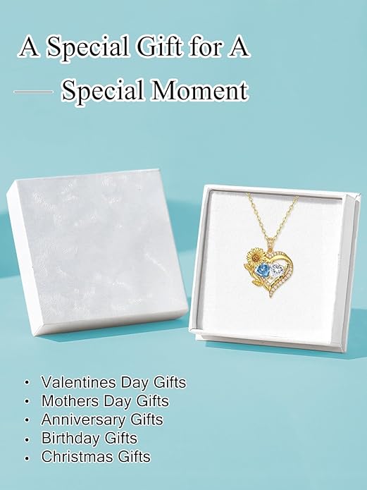 Sunflower Heart Necklace for Women 14K Gold Exquisite Valentines Day Anniversary Birthday Gifts for Wife Mother Her Double Birthstone Pendant Jewelry‘You Are My Sunshine’