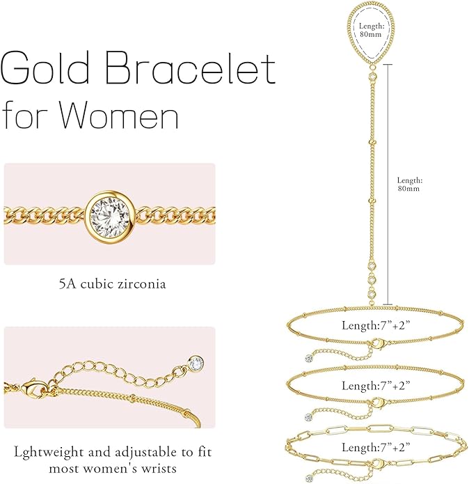 My Queen Gold Bracelets for Women 14K Gold Plated Dainty Stackable Hand Chain Bracelet Trendy Ring Chain Bangle Cuff Bracelets Adjustable Body Jewelry Set Gifts